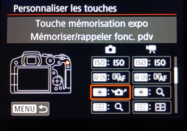 capture d'écran de la fonction personnaliser les touches du Canon R7